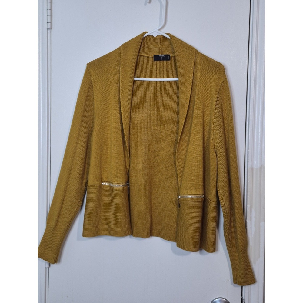Tahari PXL Mustard Ribbed Knit Cardigan Sweater Jacket Zip Pockets Petite Casual